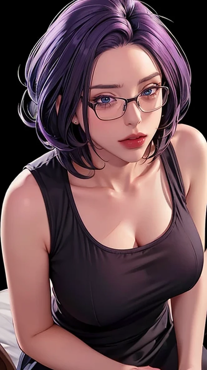 （（（Perfect number，number，Gray sweater, Black skirt, black，（（（JMT,Glasses,Purple Hair,short hair,Purple Eyes,Mijondev，Purple Eyes，Purple Hair，Medium Length Hair，）））型number:1.7））），((masterpiece)),high resolution, ((Best quality at best))，masterpiece，quality，Best quality，（（（ Exquisite facial features，Looking at the audience,There is light in the eyes，Happy，Ha ha））），（（（Interweaving of light and shadow，Huge breasts））），（（（Looking at the camera，BLACK background，Bend forward）））