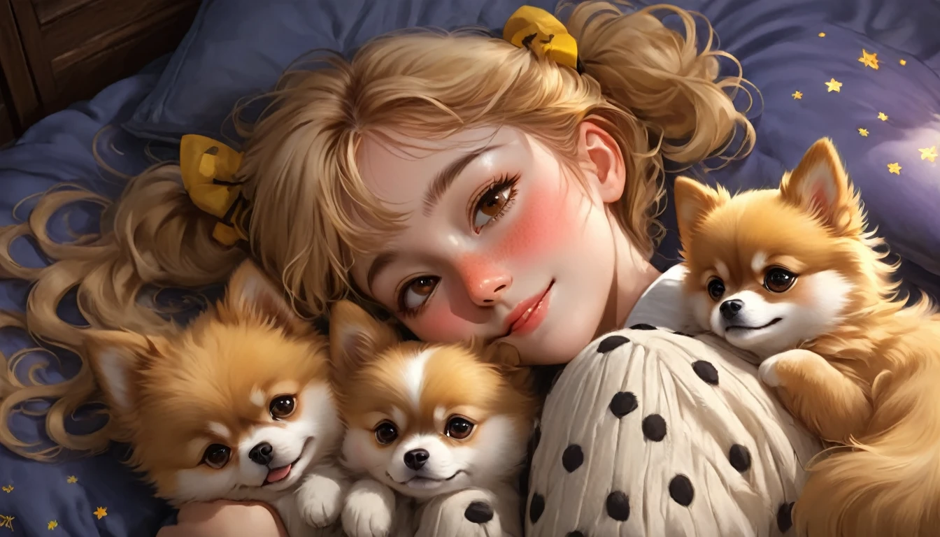 mejor calidad, obra maestra, estudiantes de hogwarts, Hufflepuff, Pelo corto con colas gemelas altas., Cabello corto con dos colas rubias doradas..,Hermosos sueños,Junto a su adorable cachorro pomerania., lindo y brillante,sonrisa, pecas en la cara, detalles de ojos marrones, cara detallada, Piel hermosa, luz tenue, sombra suave, textura fina, luz dinámica,