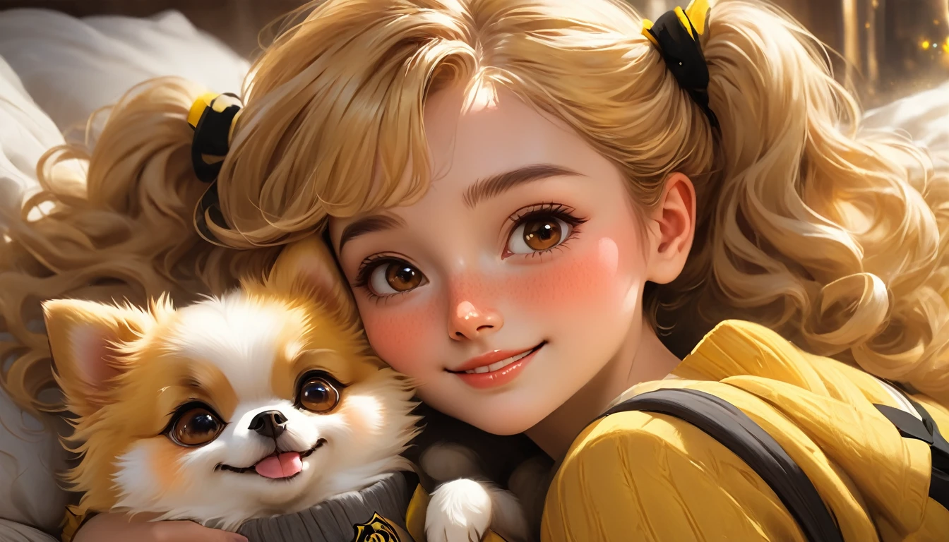 best quality, Masterpiece, Hogwarts students, Hufflepuff, Short hair with high twin tails, Short hair with golden blonde twin tails.,Beautiful  sleeps,Along with her adorable Pomeranian puppy., cute and bright,smile, Freckles on the face, brown eyes details, detailed face, Beautiful skin, soft light, soft shadow, Fine texture, dynamic light,