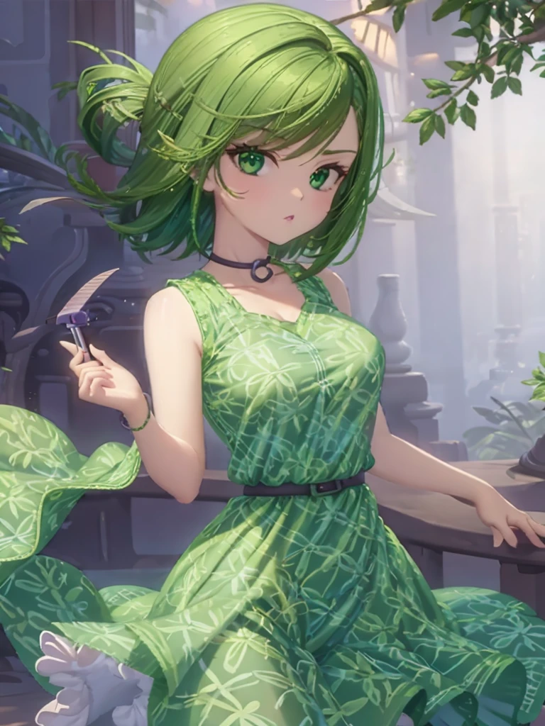 1girl, solo, beautiful girl, green skin, green eyes, big eyes, long eyelashes, green hair, short hair, shiny hair, medium breasts, green dress, strapless dress, floral print dress, green belt, purple scarf, green leggins, looking at viewer, bare arms, bare shoulders, disgust face, narrow waist, big butt, covered nipples, violet lips, lip gloss, perfect hands, perfect anatomy,