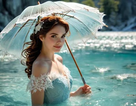 A huge parasol in finely crafted frozen water lace offers shade to a sublime happy and radiant woman