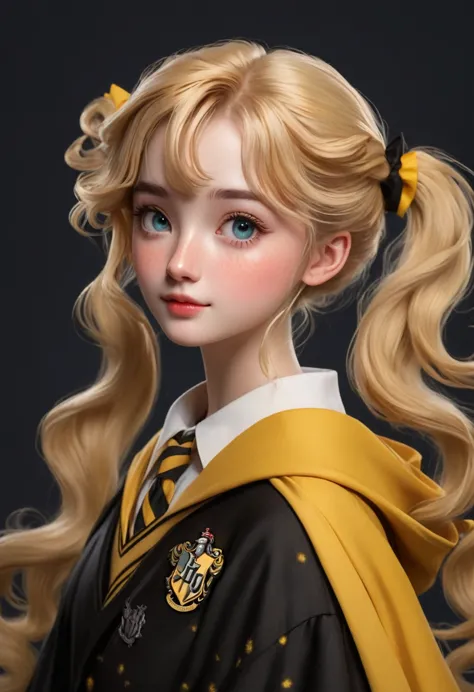best quality, Masterpiece, Hogwarts students, Hufflepuff, I have short blonde twin tails.., Beaming, misbehave, freckles, Detail...