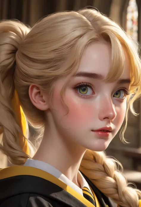 best quality, Masterpiece, Hogwarts students, Hufflepuff, I have short blonde twin tails.., Beaming, misbehave, freckles, Detail...