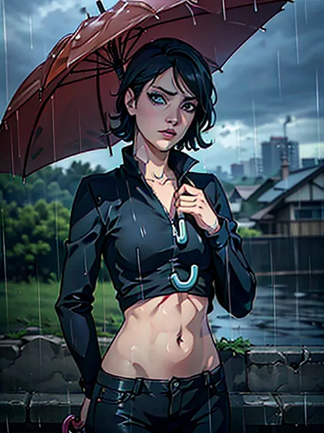 ((stoya holding an umbrella handle:1.1))、(raining:1.4)、in the city、close and distant views、(highest quality、4k、8k、high resolutio...