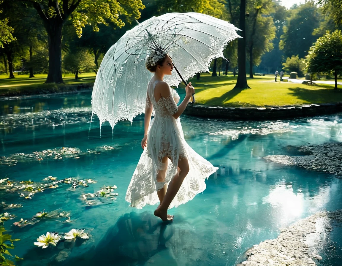 A huge parasol in finely carved and openwork frozen water lace offers shade to a sublime happy and radiant woman walking in a park