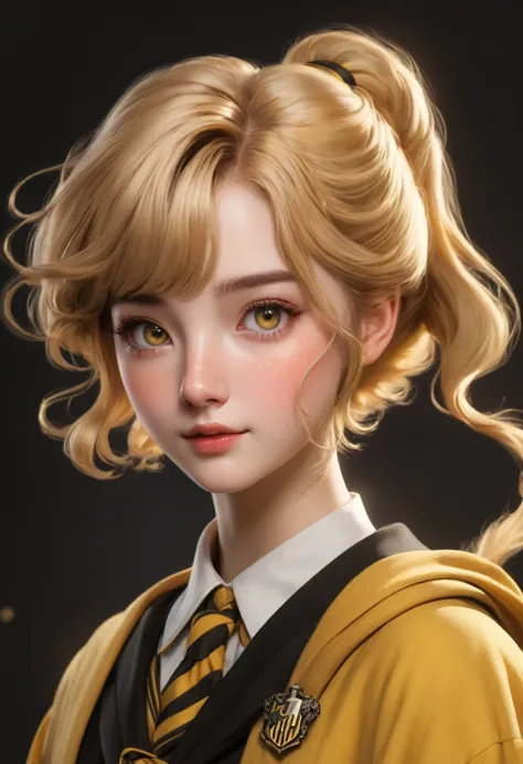 best quality, Masterpiece, Hogwarts students, Hufflepuff,Short hair with high twin tails, Short hair with golden blonde twin tai...