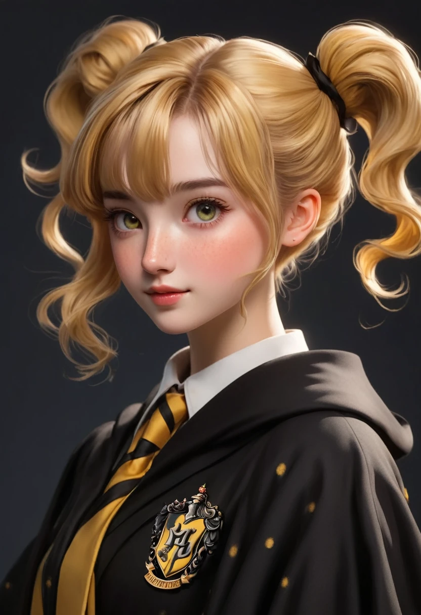 mejor calidad, obra maestra, estudiantes de hogwarts, Hufflepuff,Pelo corto con colas gemelas altas., Cabello corto con dos colas rubias doradas.., radiante, portarse mal, pecas, ojos detallados, cara detallada, Piel hermosa,