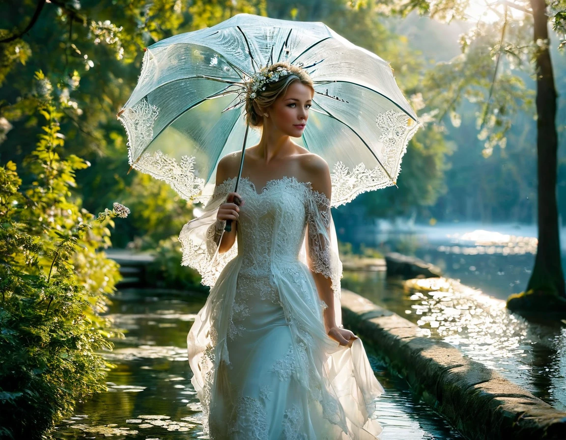 A huge parasol in finely carved and openwork frozen water lace offers shade to a sublime happy and radiant woman walking in a park