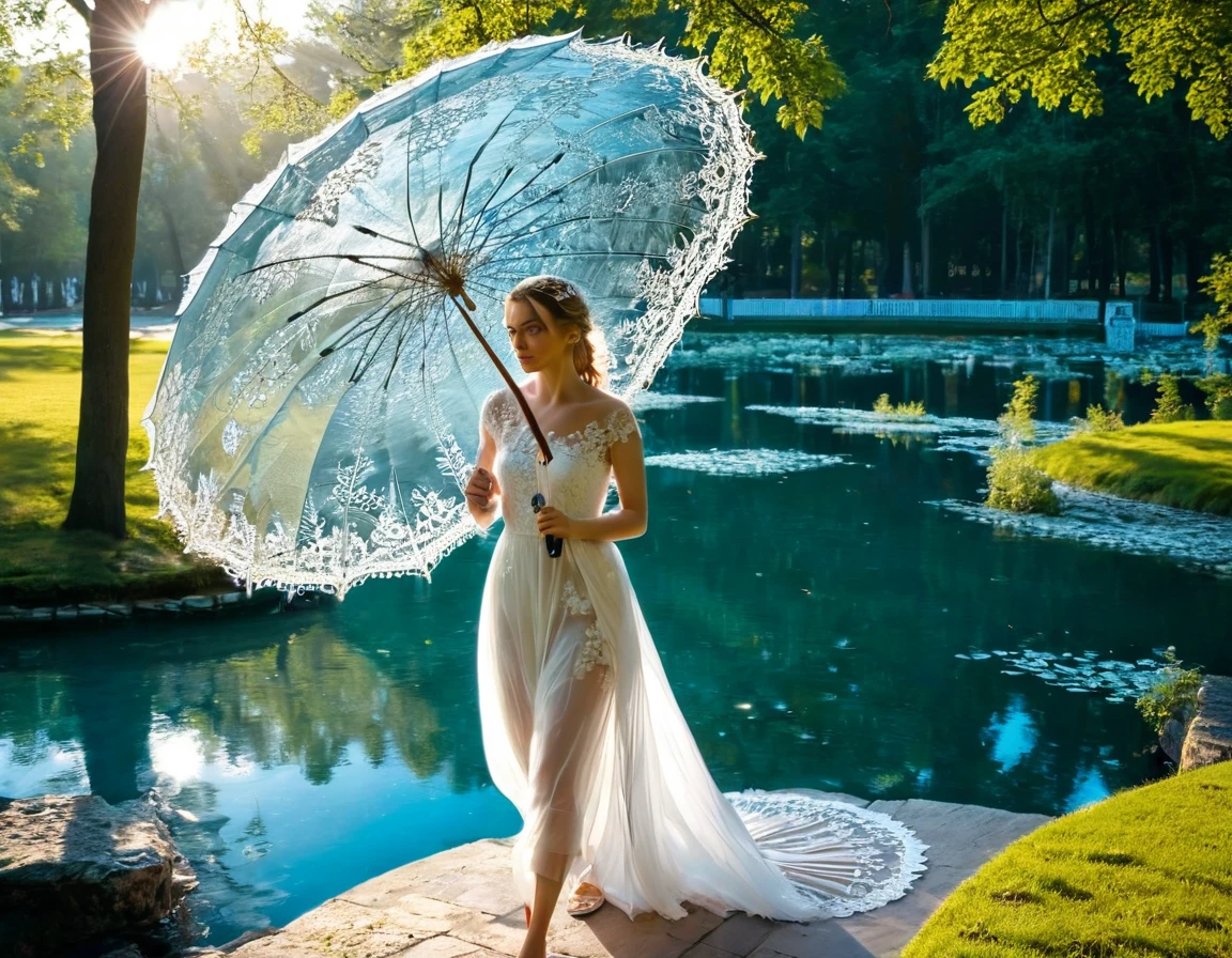 A huge parasol in finely carved and openwork frozen water lace offers shade to a sublime happy and radiant woman walking in a park