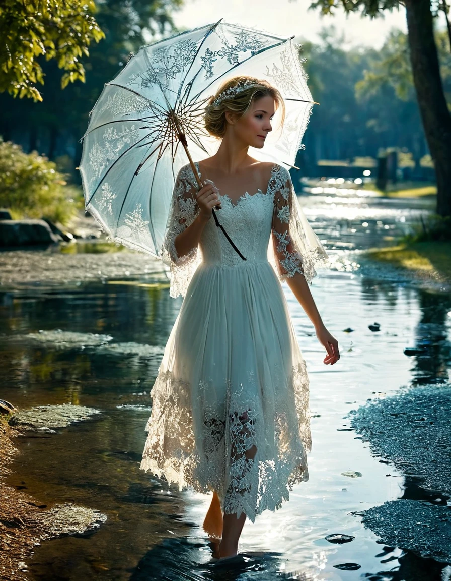 Un immense parasol en dentelle d&#39;eau glacée finement sculptée et ajourée offre de l&#39;ombre à une sublime femme heureuse et rayonnante se promenant dans un parc.