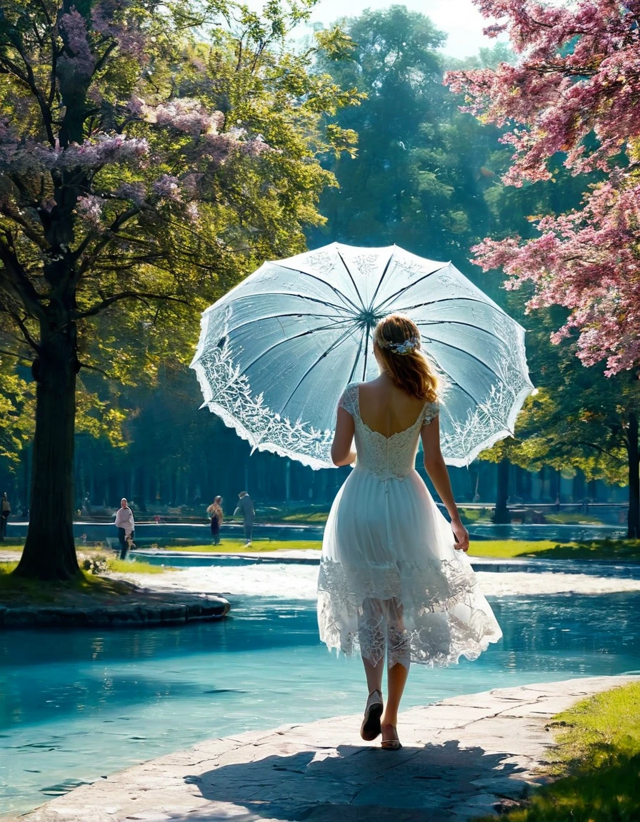 A huge parasol in finely carved and openwork frozen water lace offers shade to a sublime happy and radiant woman walking in a park