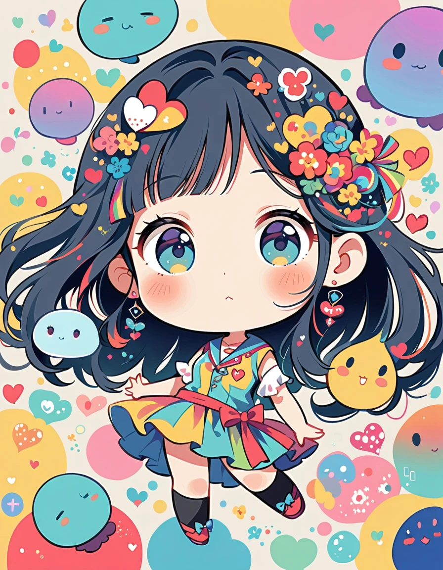 Mai Yoneyama style, Simple Line Initialism，Abstract art, colorful hearts ,(((The most beautiful girl of all time))), (((chibi))), (((Cute amoeba))), ひまわり