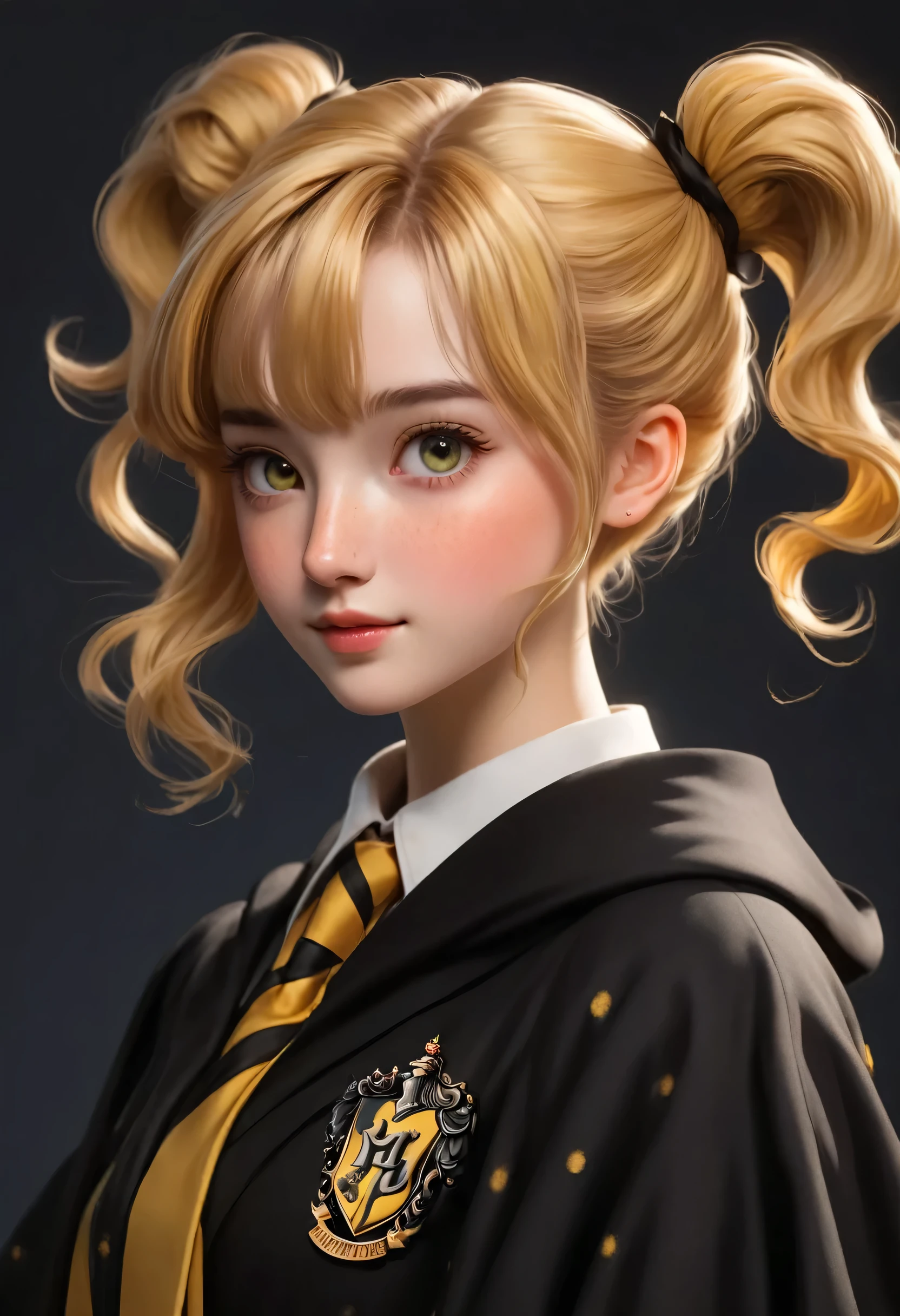 mejor calidad, obra maestra, estudiantes de hogwarts, Hufflepuff,Pelo corto con colas gemelas altas., Cabello corto con dos colas rubias doradas.., radiante, portarse mal, pecas, ojos detallados, cara detallada, Piel hermosa,