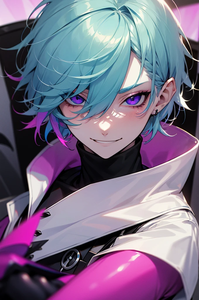 Pale skin, light blue hair, green streaks in hair, pink streaks in hair, purple streaks in hair, black eyes, birthmark on right eye, cute, pretty, umbrella, short hair, messy hair, smirking, smug, pretty, beautiful, white jacket, black turtleneck, male, evil, demonic