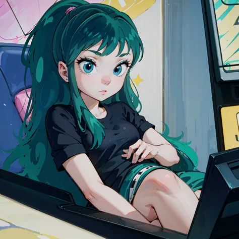 score_9, score_8_up, score_7_up, lum, retro artstyle, 1980s style, blue eyes, eyeshadow, green hair, bangs, aqua hair, dynamic a...