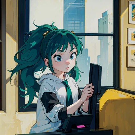 score_9, score_8_up, score_7_up, lum, retro artstyle, 1980s style, blue eyes, eyeshadow, green hair, bangs, aqua hair, dynamic a...