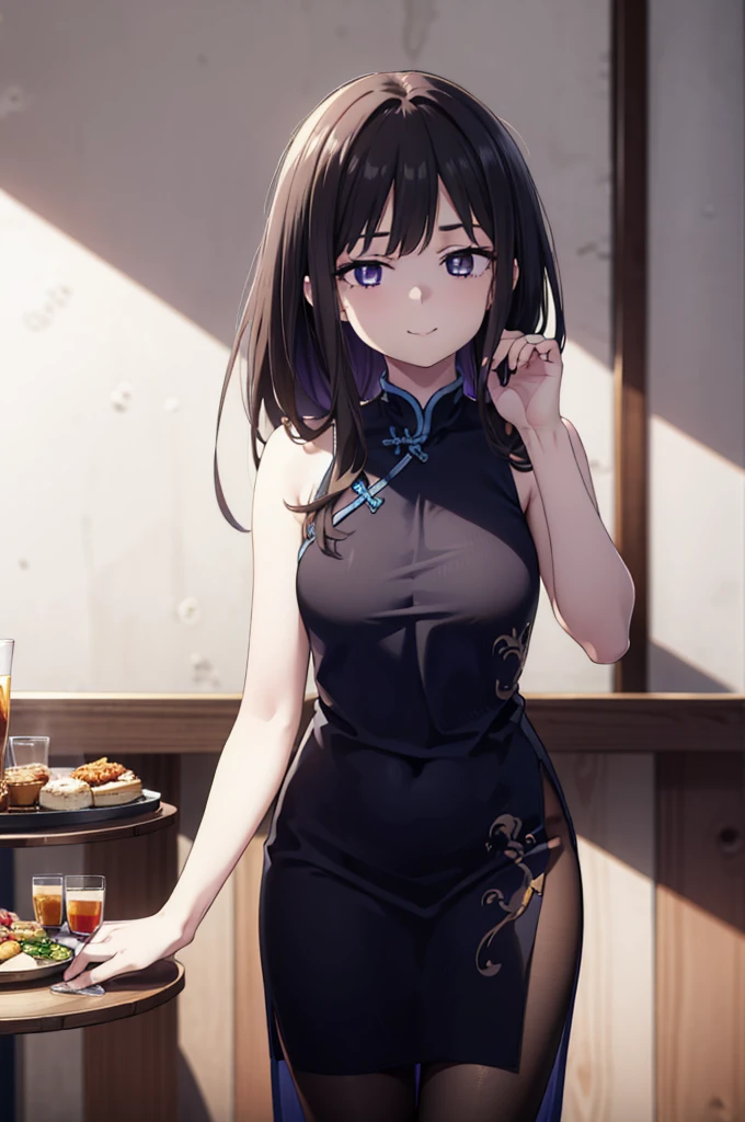 Takiuchi, Check it out, Long Hair, bangs, Black Hair, (Purple eyes:1.2),happy smile, smile, Close your mouth,
Sleeveless blue Chinese dress,Blue long slit,Black pantyhose,Stiletto heels,Glasses,Tables and chairs, food, drink, tray, tray in one hand,whole bodyがイラストに入るように,crowd, people々々,
break indoors,Chinese style coffee shop,
break looking at viewer, whole body,
break (masterpiece:1.2), Highest quality, High resolution, unity 8k wallpaper, (shape:0.8), (Fine and beautiful eyes:1.6), Highly detailed face, Perfect lighting, Highly detailed CG, (Perfect hands, Perfect Anatomy),
break outdoors, city,
break looking at viewer, (Cowboy Shot:1.5),
break (masterpiece:1.2), Highest quality, High resolution, unity 8k wallpaper, (figure:0.8), (Beautiful attention to detail:1.6), Highly detailed face, Perfect lighting, Highly detailed CG, (Perfect hands, Perfect Anatomy),