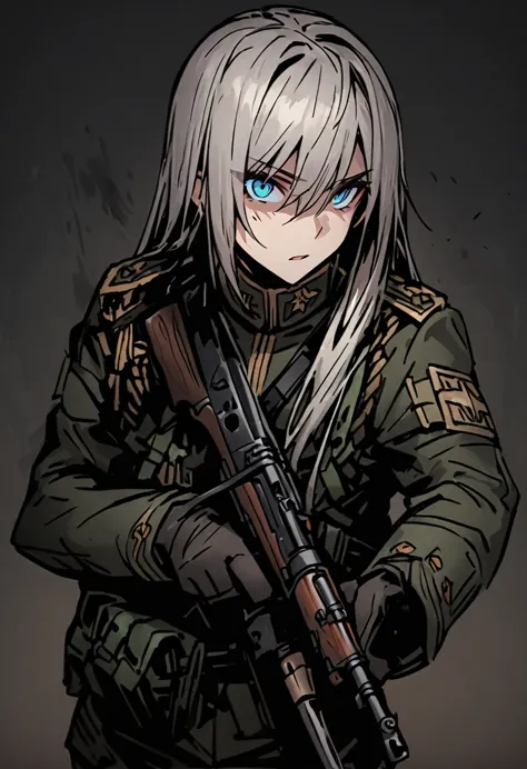 masterpiece, best quality, 1 boy, cowboy shooting, exquisite eyes, uniform,  ak 47, akm, kalashnikov_rifle, assault_rifle, keep_...