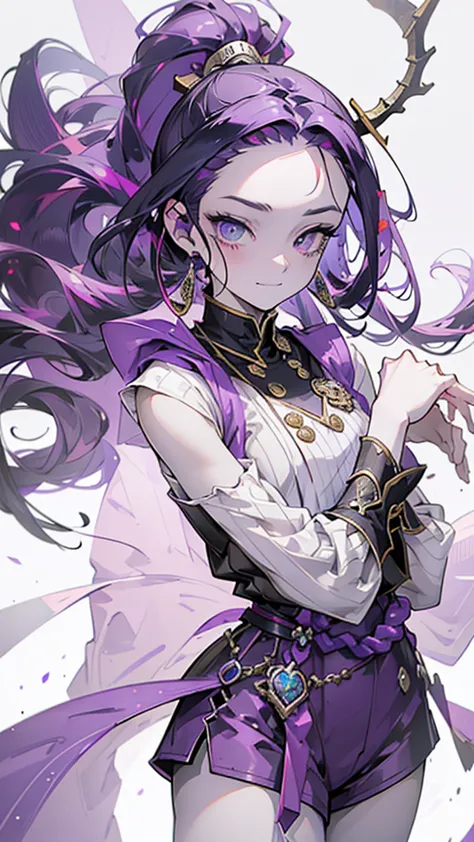 cheerful boy aristocrat open forehead. dark purple hair braided in a ponytail on the left side to one side. sinuous black horns ...