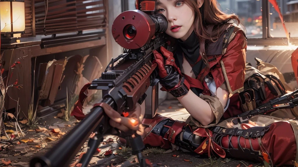 （Modify hair only、Face）Reddish-brown hair，Long curly hair，high ponytail，red headdress，red eyes，red eye，red pupils，Delicate and detailed eyes，sparkling eyes，Automatic Rifle