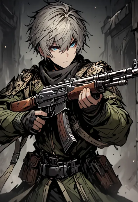 masterpiece, best quality, 1 boy, cowboy shooting, exquisite eyes, uniform,  ak 47, akm, kalashnikov_rifle, assault_rifle, keep_...