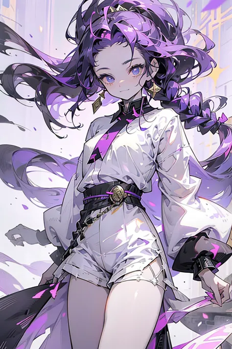 cheerful boy aristocrat open forehead. dark purple hair braided in a ponytail on the left side to one side. sinuous black horns ...