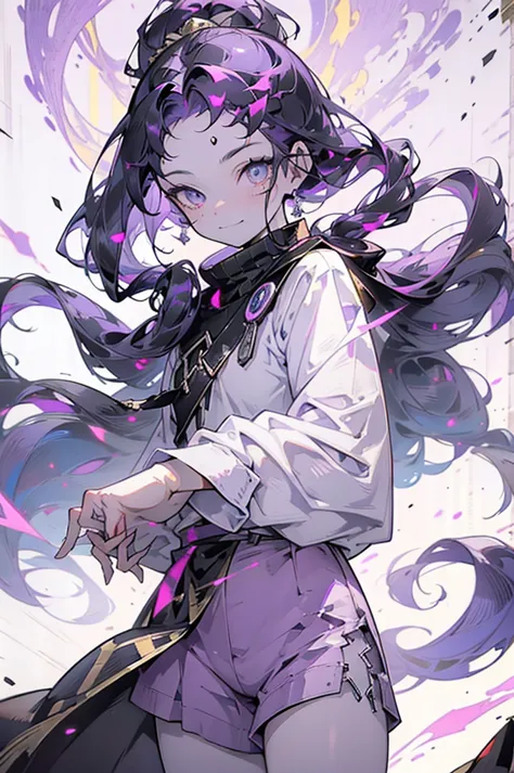 cheerful boy aristocrat open forehead. dark purple hair braided in a ponytail on the left side to one side. sinuous black horns ...