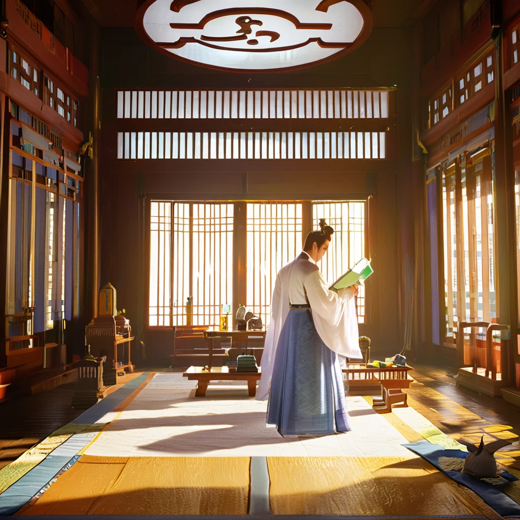 ((Unreal Engine 5)), Realistic rendering, Excellent, (Warm light room), （Chinese poet), (down view), Paint a painting of an ancient poet writing a poem in the room， Hold a brush in hand，Wear white Hanfu，Ancient Chinese literati，inspired by Li Kan, epic full color illustration,  naranbaatar ganbold,  Xianxia，guofeng