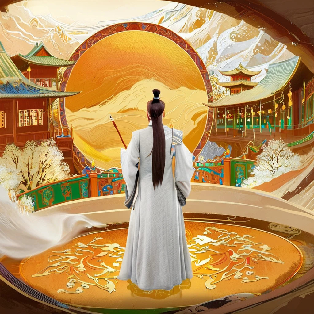 ((Unreal Engine 5)), Realistic rendering, Excellent, (Warm light room), （Chinese poet), (down view), Paint a painting of an ancient poet writing a poem in the room， Hold a brush in hand，Wear white Hanfu，Ancient Chinese literati，inspired by Li Kan, epic full color illustration,  naranbaatar ganbold,  Xianxia，guofeng