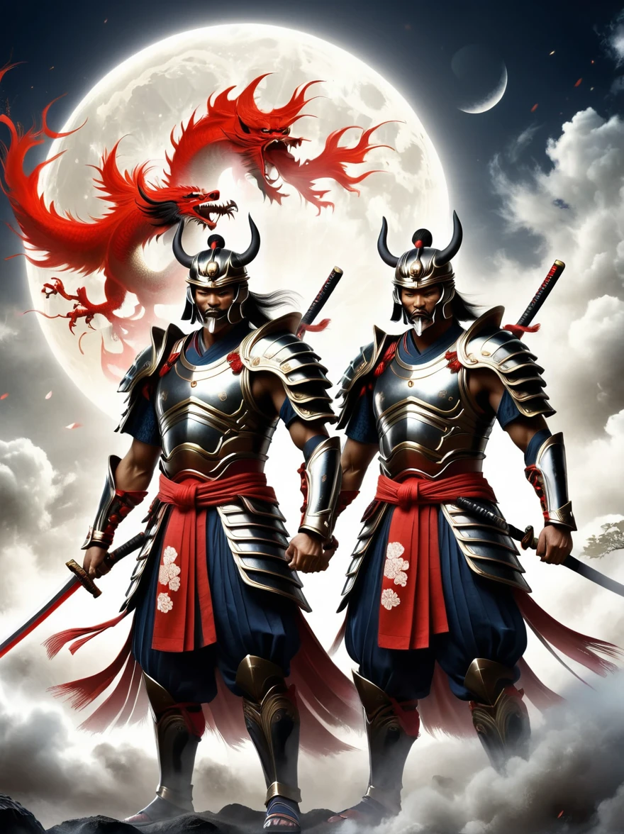 Imagine two powerful warriors, exuding an aura of dominance and sophisticated evil. The first warrior has four arms and two faces, dressed in traditional Japanese clothing, surrounded by an aura of sinister power. The second warrior is sporting a battle armor occupied by numerous plates, composed of numerous red and white designs, carrying an intricate fan that denotes his command over wind. They stand side by side, camaraderie evident in their shared laughter and mutual respect, under the moonlit sky.