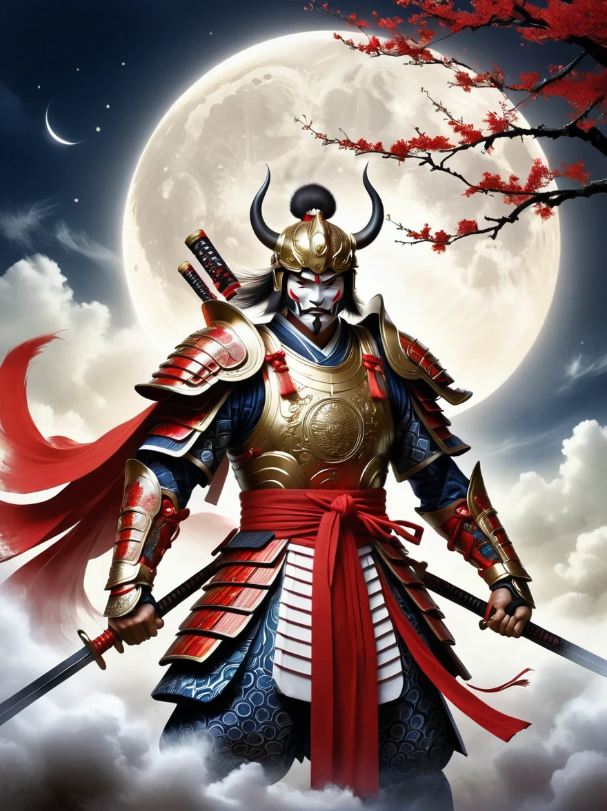 Imagine two powerful warriors, exuding an aura of dominance and sophisticated evil. The first warrior has four arms and two faces, dressed in traditional Japanese clothing, surrounded by an aura of sinister power. The second warrior is sporting a battle armor occupied by numerous plates, composed of numerous red and white designs, carrying an intricate fan that denotes his command over wind. They stand side by side, camaraderie evident in their shared laughter and mutual respect, under the moonlit sky.