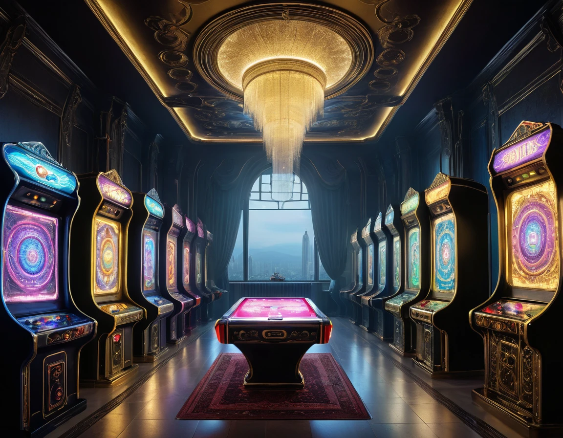 In panoramic view，Fotorealestic，A luxurious game room in a retro style.，4 luxury vintage style arcade machineade of gold，decorated with gems，ancient games，Beauty plays games，Wear a luxurious Arab-style veil.，perfect composition，details，Light and shadow work best.，highest features，ภาพวาดrealisticallyที่เรนเดอร์ด้วย CG นี้ให้ฉากที่ยิ่งใหญ่และผลกระทบทางภาพ，Let the audience feel the wonderful and beautiful world of sci-fi.。epic，detailsมากมาย，It was a stunning sight.，Use Pixai to bring powerful AI models to life., Showing our creativity and the limitless possibilities of our imagination.. Experience the future of cityscapes at Pixai，Immerse yourself in a world of visionary art.，details, Masterpiece, best quality, 8K, (Oily skin, Shaded cells:1.3), The lines are colored., (The Art of Maciej Cuciara:1.15), The art of Greg Rutkowski，detailsที่complicated, fine texture, Surreal，perfect composition，Detailed，film texture，realistically，Fotorealestic，highest features，，Version tone mapping， มีdetailsสูง， Smoothness， Sharp focus， Beautiful Enlightenmentn， epic effect，Fotore， The light from the rear window will be backlit.， dynamic light， fog， complicated， Film texture， professional，，Volumetric illumination， subsurface scattering， good highlights， Good shadow， Cinematic lighting，Beautiful studio, soft lighting，Edge Light，elegance，beautiful background，Displayed with octane value，HR Giger style，8K，highest priority，Masterpiece，Enlightenment，smooth and beautiful，มีdetailsสูง，CG wallpaper，（realistically，loyalty：1.37），Outstanding，detailsประณีต，Masterpiece