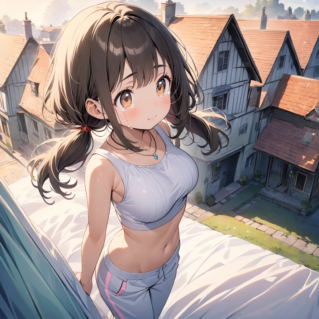 (Pastel color:1.5), (child:1.2), beautiful illustration, (perfect lighting, natural lighting), beautiful detailed hair, beautiful detailed face, beautiful detailed eyes, beautiful clavicle, beautiful body, beautiful chest, beautiful thigh, beautiful legs, beautiful hands, cute and symmetrical face, shiny skin, (detailed cloth texture:1.2), (white satin bra peek:1.0), (white satin pantie peek:1.0), (pink satin pantie:1.0),(beautiful scenery), (upper eyes), (ultra illustrated style:1.3), (ultra detailed pantie:1.5), (beautiful faces detailed, real human skin:1.2), 
(1 girl:1.4), (9 years old, height 1.2meters, chubby 28kg, tareme:1.3), (orange eyes with a hint of pink:1.3), (dark brown hair:1.7), (straight hair:1.7), (low twintails:1.7), (red hair tie:1.7), (large and soft breasts:1.8), (Slender body, Small Ass:1.7), small nipples, (fair skin:1.4), (necklace), (Droopy eyes:1.2), 
(sexy crop top, Sweatpants:1.6), 
(house:1.8), (bed room:1.4), 
(cry:1.8), (red cheek:1.8)
(dynamic angle, sexypose:1.4), (looking away:1.8), (from above:1.8), (full body:1.8),
elicate details, depth of field, best quality, anatomically correct, high details, HD, 8k,