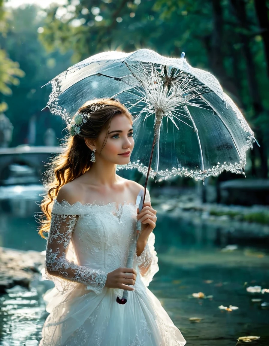 A huge parasol in finely carved and openwork frozen water lace offers shade to a sublime happy and radiant woman walking in a park,  a few drops of water pearl from the edges of the umbrella 