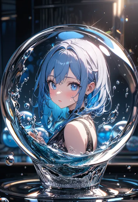 Super detailed, 8K, glass, Water in a glass, Beautiful glass ball in a glass, bubble, Right blue water, nice, bright、Blue Hair