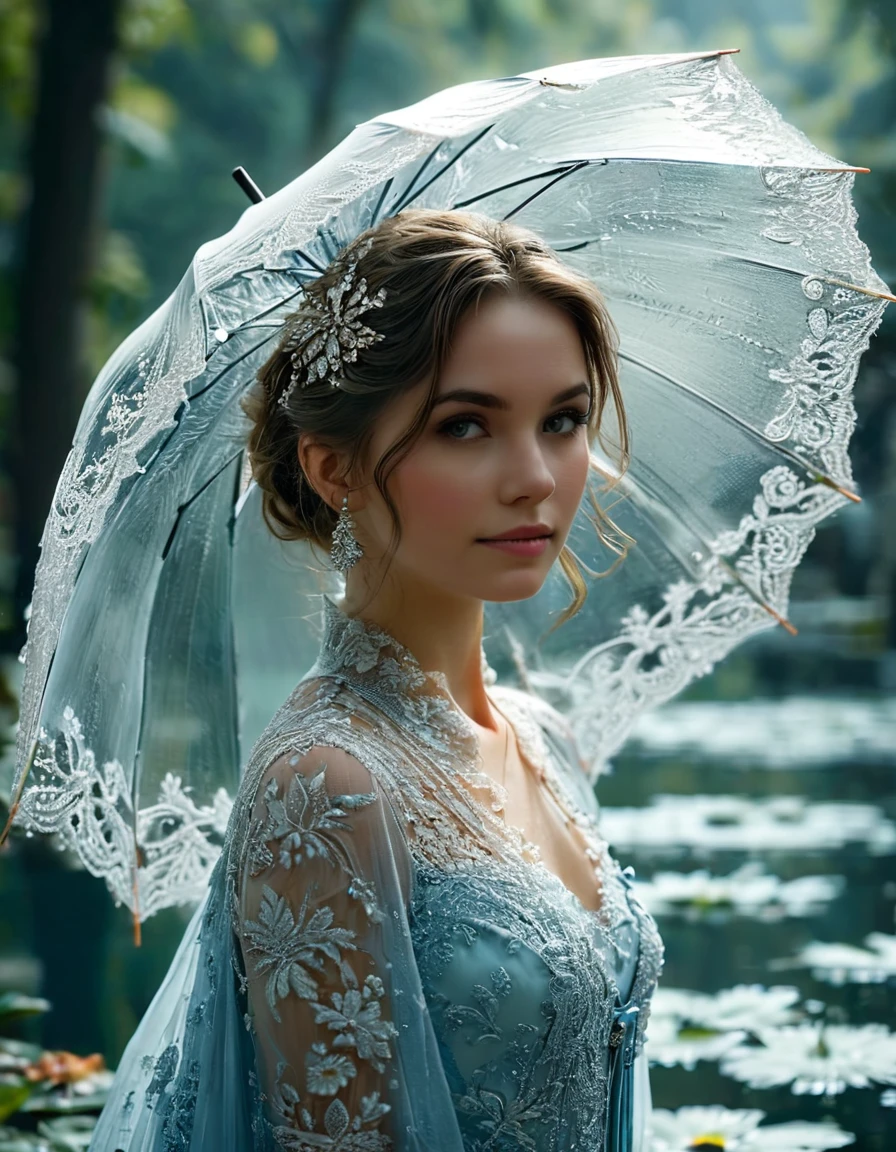 Un immense parasol en dentelle d&#39;eau glacée finement sculptée et ajourée offre de l&#39;ombre à une sublime femme heureuse et rayonnante se promenant dans un parc.,  quelques gouttes d&#39;eau perlent sur les bords du parapluie, chef-d&#39;œuvre, extrêmement détaillé, détails fractals sublimes et sensuels, Dentelle ajourée