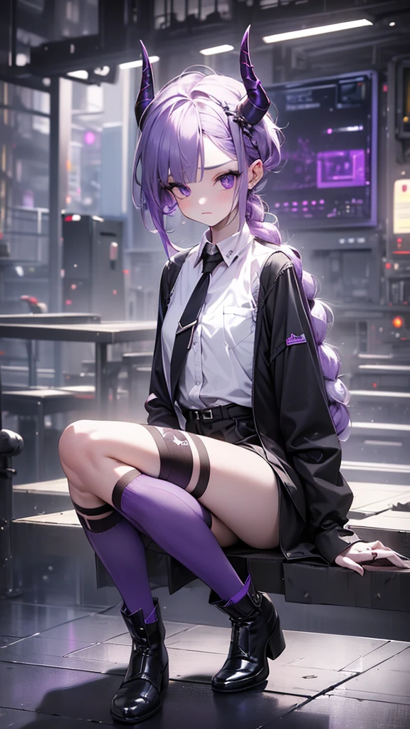 boy thoughtful look open forehead. white and purple hair braided in a ponytail on the left side to one side. sinuous black horns wrapped in dark purple ribbon. pale violet eyes. in short dark purple shorts. long white T-shirt. dark purple knee-high socks. white long coat with hood. black limit stone walls purple light from lamps sitting on the steps