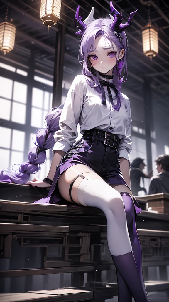 boy thoughtful look open forehead. white and purple hair braided in a ponytail on the left side to one side. sinuous black horns wrapped in dark purple ribbon. pale violet eyes. in short dark purple shorts. long white T-shirt. dark purple knee-high socks. white long coat with hood. black limit stone walls purple light from lamps sitting on the steps