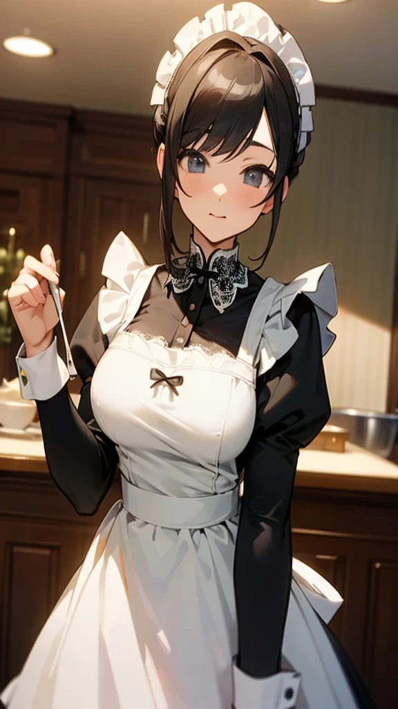 Masterpiece, highest quality, high resolution. Anime-style maid. Wearing a classic black and white maid outfit with a lace apron. Cute expression, looking at the camera. Bright indoor cafe background, meticulously detailed. Medium-sized breasts and hips.