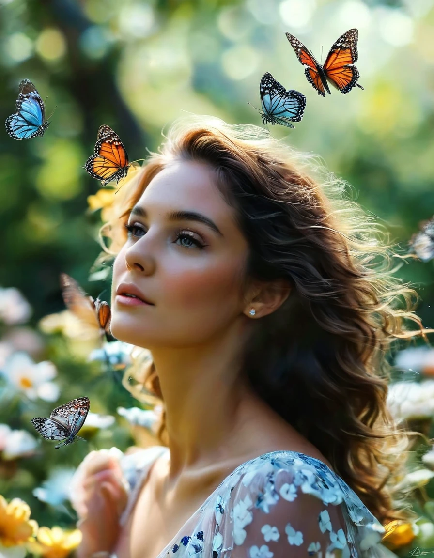 Um enorme guarda-sol feito de uma flor finamente esculpida e perfurada oferece sombra a uma mulher sublime, feliz e radiante, caminhando em um parque,  algumas pequenas borboletas flutuam ao seu redor 
