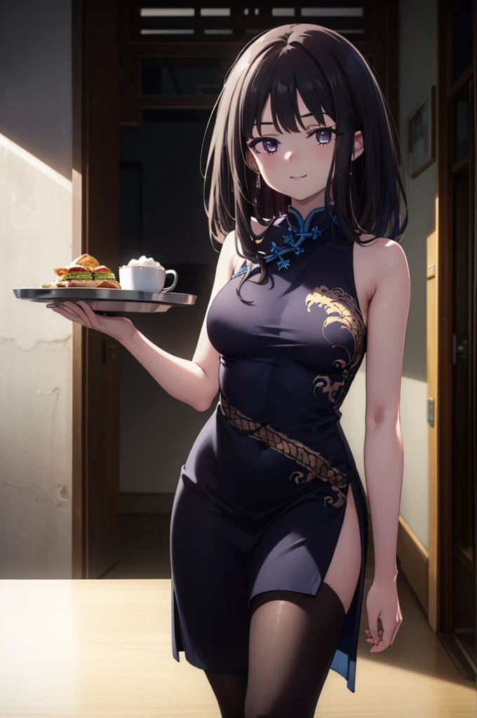 Takiuchi, Check it out, Long Hair, bangs, Black Hair, (Purple eyes:1.2),happy smile, smile, Close your mouth,
Sleeveless blue Chinese dress,Blue long slit,Black pantyhose,Stiletto heels,Glasses,Tables and chairs, food, drink, tray, tray in one hand,whole bodyがイラストに入るように,
break indoors,Chinese style coffee shop,
break looking at viewer, whole body,
break (masterpiece:1.2), Highest quality, High resolution, unity 8k wallpaper, (shape:0.8), (Fine and beautiful eyes:1.6), Highly detailed face, Perfect lighting, Highly detailed CG, (Perfect hands, Perfect Anatomy),
break outdoors, city,
break looking at viewer, (Cowboy Shot:1.5),
break (masterpiece:1.2), Highest quality, High resolution, unity 8k wallpaper, (figure:0.8), (Beautiful attention to detail:1.6), Highly detailed face, Perfect lighting, Highly detailed CG, (Perfect hands, Perfect Anatomy),