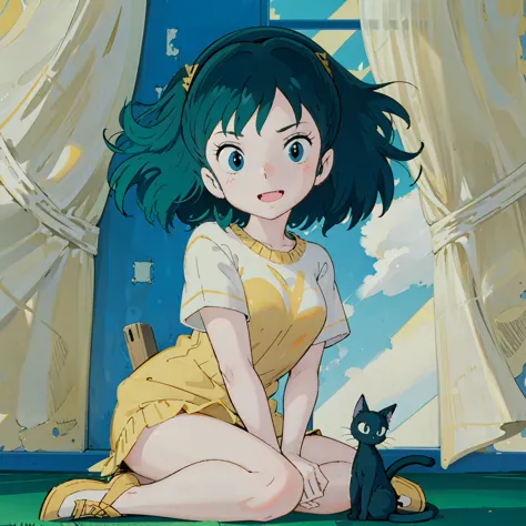 score_9, score_8_up, score_7_up, lum, retro artstyle, 1980s style, blue eyes, eyeshadow, green hair, long hair, bangs, aqua hair...