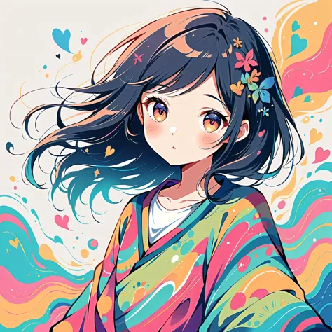 Mai Yoneyama style, Simple Line Initialism，Abstract art，Urban Background, colorful hearts ,(((The most beautiful girl of all tim...