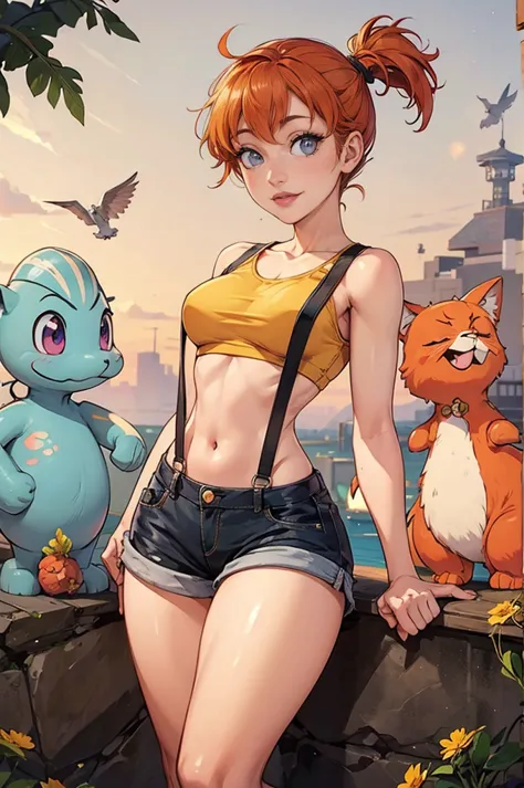 Hinata Hyuga wearing Misty&#39;s Pokémon clothes, dark blue long hair, extremely lifelike, very beautiful, extremely sexy, big-a...