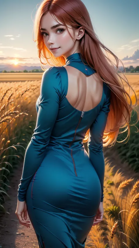 1 girl, Alone, Long orange hair, run, (tall wheat field), turn around, emerald eyes, long blue dress, Middle Ages, medieval cost...