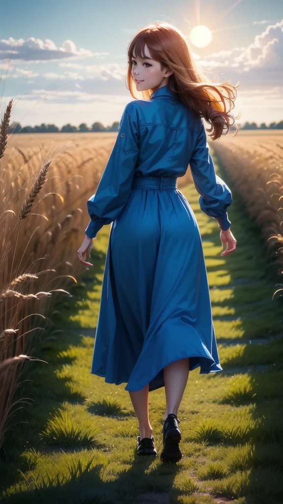 1 girl, Alone, Long orange hair, run, (tall wheat field), turn around, emerald eyes, long blue dress, Middle Ages, medieval costume, sunset long sleeve, light from behind, shadow in the figure, SMILE, risa, (blue sky), in the context of wheat, standing in the distance, looking at the viewer, longitud total