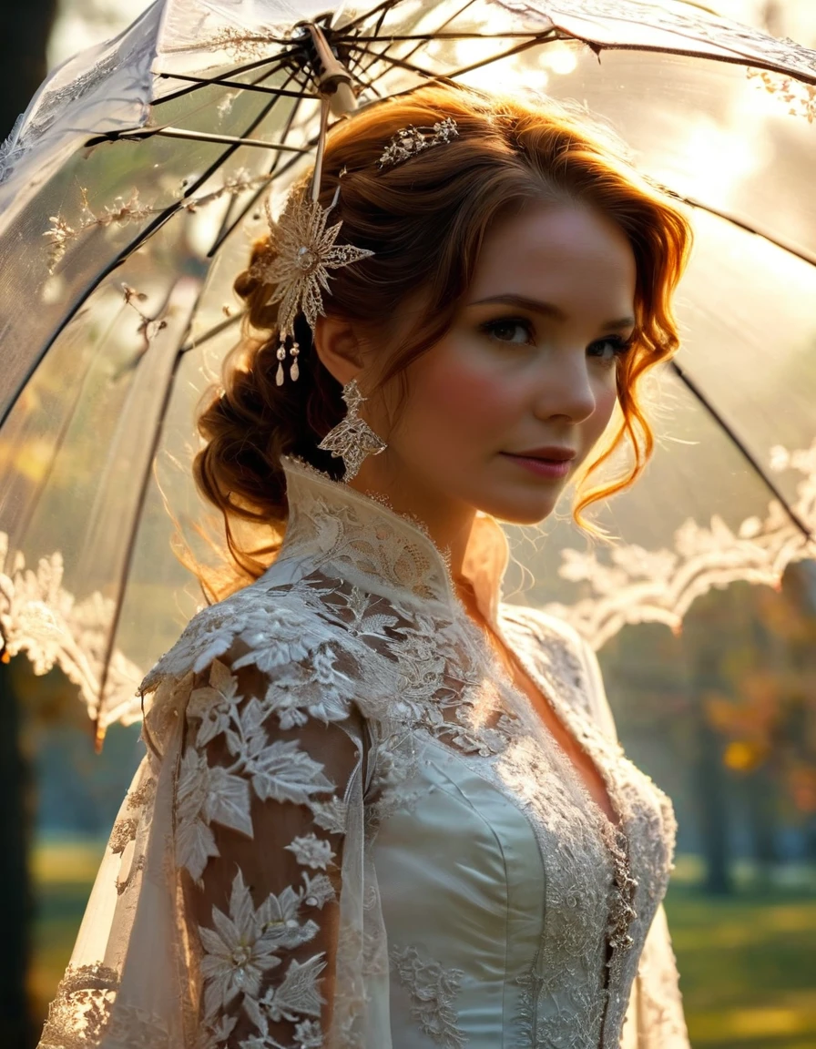 Un immense parasol en dentelle de feu glacée finement ciselée et ajourée offre de l&#39;ombre à une sublime femme heureuse et rayonnante se promenant dans un parc.,  quelques petites étincelles sortent des bords du parapluie, chef-d&#39;œuvre, extrêmement détaillé, détails fractals sublimes et sensuels, Dentelle ajourée