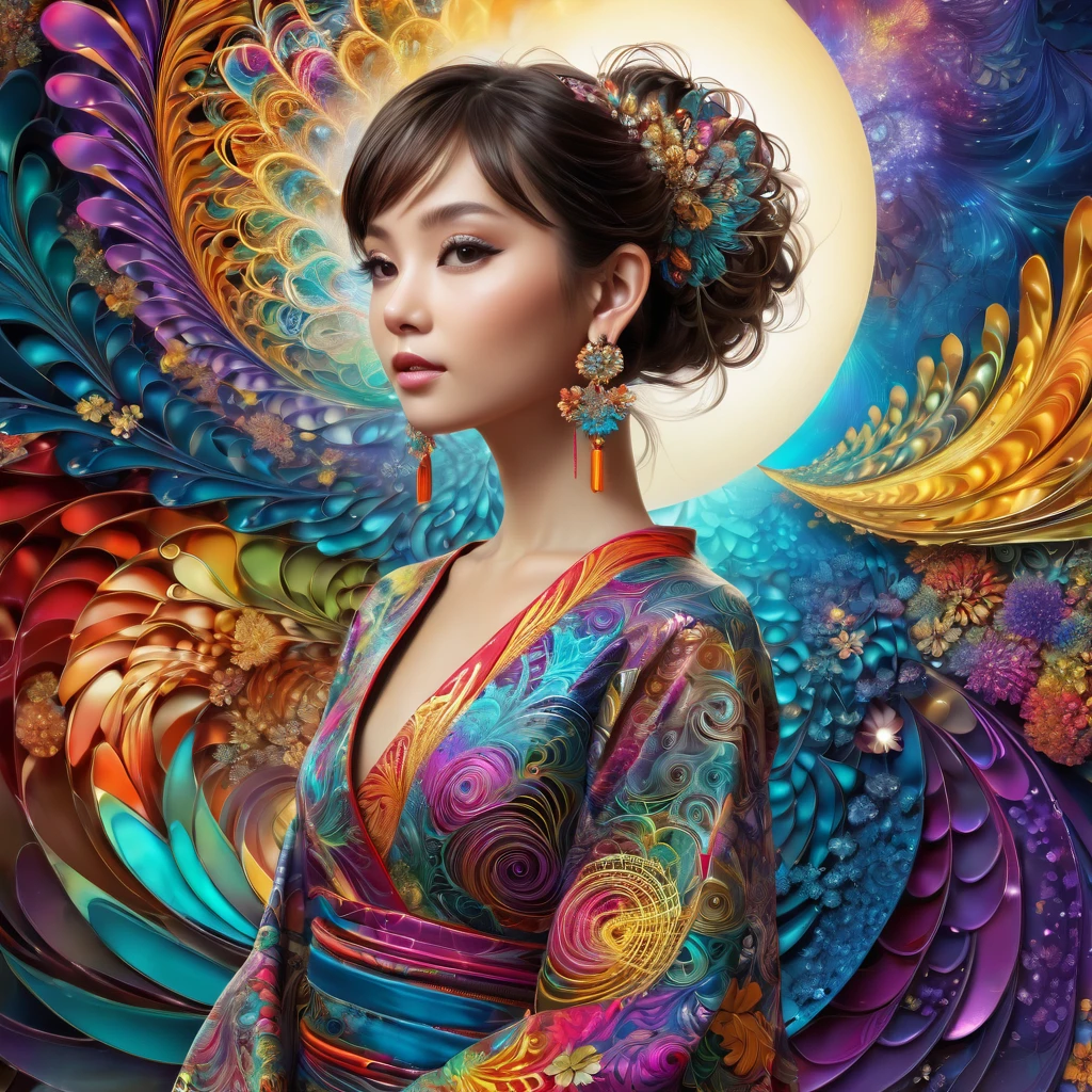 (masterpiece, top quality, best quality, official art, beautiful and aesthetic:1.2), (1girl:1.3), extremely detailed,(fractal art:1.1),(colorful:1.1),highest detailed,(zentangle:1.2), (dynamic pose), (abstract background:1.5), (japanese dress:1.2), (shiny skin), (many colors:1.4), ,(earrings:1.4),