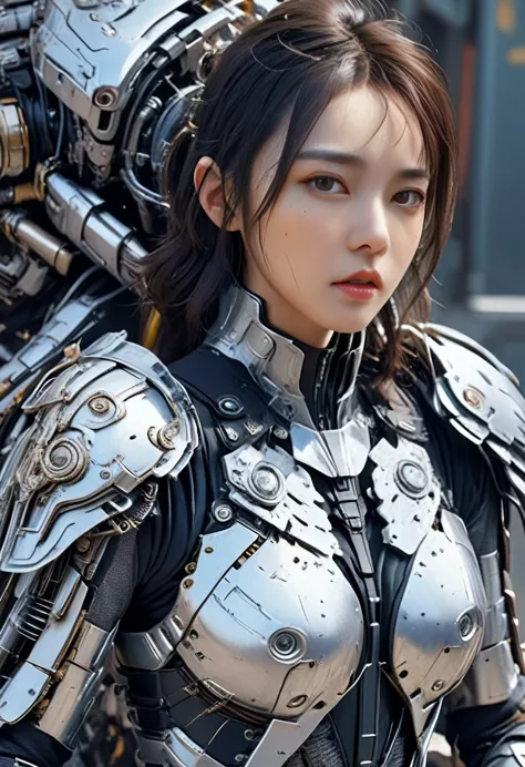 a beautiful woman wearing mechanical armor, wielding big guns, with robotic wings of steel, detailed face, eyes, lips, photoreal...