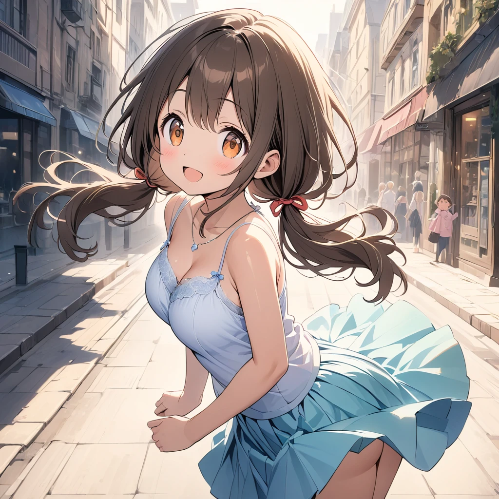 (Pastel color:1.5), (child:1.2), beautiful illustration, (perfect lighting, natural lighting), beautiful detailed hair, beautiful detailed face, beautiful detailed eyes, beautiful clavicle, beautiful body, beautiful chest, beautiful thigh, beautiful legs, beautiful hands, cute and symmetrical face, shiny skin, (detailed cloth texture:1.2), (white satin bra peek:1.0), (white satin pantie peek:1.0), (pink satin pantie:1.0),(beautiful scenery), (upper eyes), (ultra illustrated style:1.3), (ultra detailed pantie:1.5), (beautiful faces detailed, real human skin:1.2), 
(laugh:1.5),
(back:1.3), (camisole:1.2), side-tie panties,
(bra shot:1.3), (skirts:1.5), (pantie shot:1.3),
(1 girl:1.4), (9 years old, height 1.2meters, chubby 28kg, tareme:1.3), (orange eyes with a hint of pink:1.3), (dark brown hair:1.7), (straight hair:1.7), (low twintails:1.7), (red hair tie:1.7), (large and soft breasts:2.0), (Slender body, Small Ass:1.7), small nipples, (fair skin:1.4), (necklace), (Droopy eyes:1.2), 
(shopping:1.8), 
(dynamic angle, sexypose:1.4), (looking away:1.8), (cowboy shot:1.8), (from above:1.3),
elicate details, depth of field, best quality, anatomically correct, high details, HD, 8k,